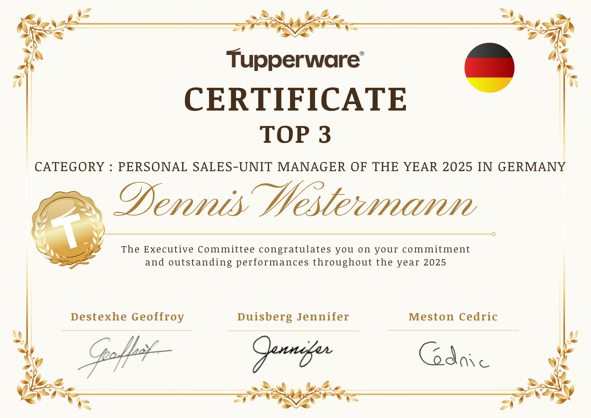 Tupperware-Auszeichnung Top 3 Deutschland 2025 für Dennis Westermann
