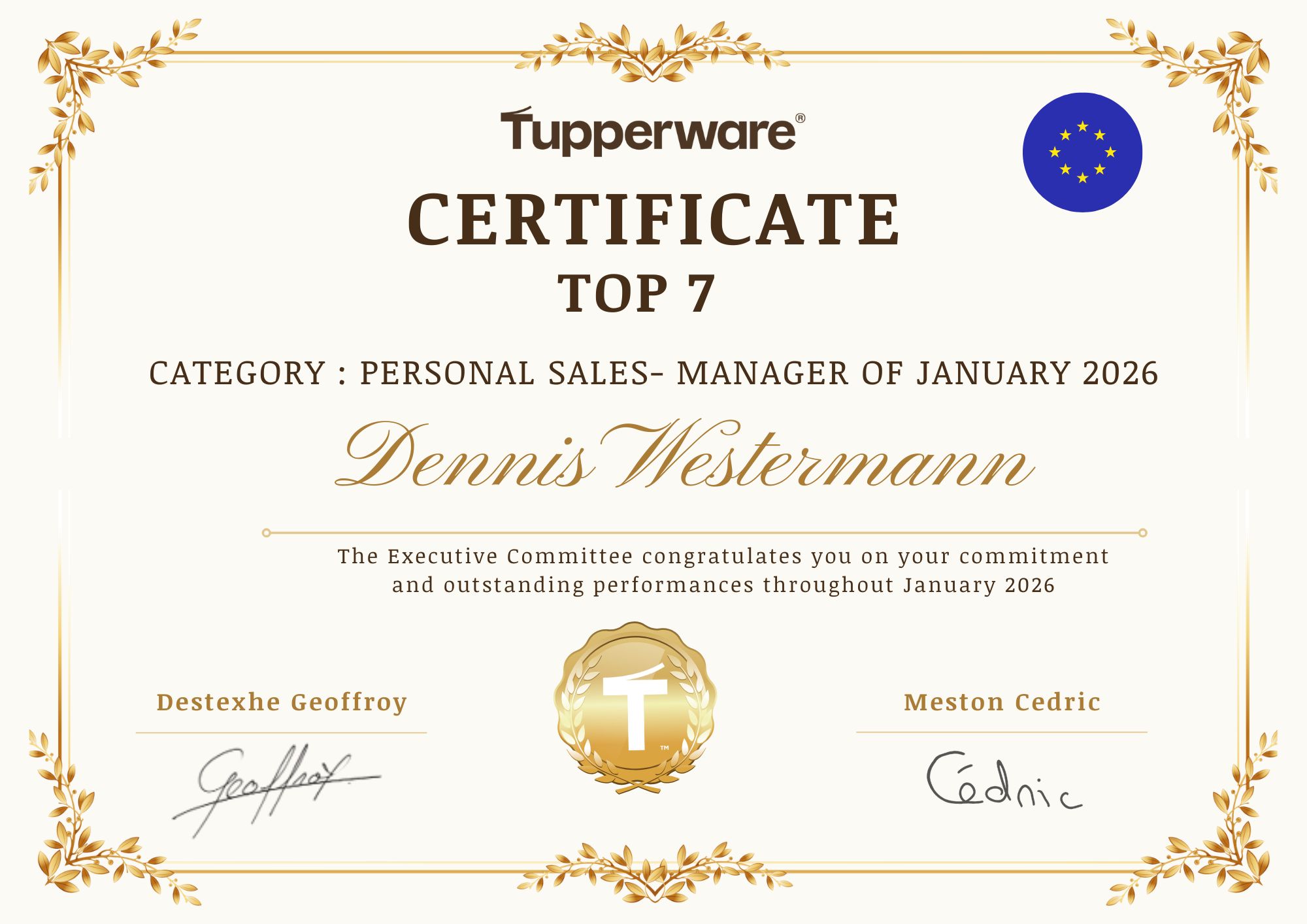 Tupperware-Auszeichnung Top 7 Europa Januar 2026 für Dennis Westermann
